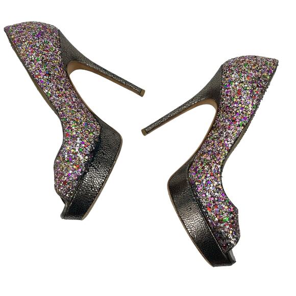 Jimmy Choo Rainbow Glitter Peep Toe Platform Pumps Size 37 - Picture 7 of 13